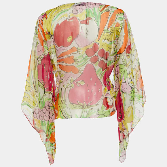 Moschino Jeans Multicolor Fruits Print Silk V-Neck Blouse L - Picture 3 of 6
